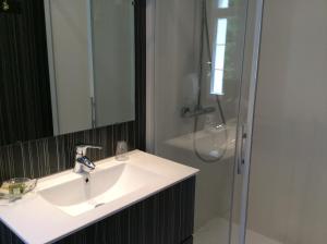 La salle de bains est pourvue d'un lavabo et d'une douche. dans l'établissement Logis Hôtel & Restaurant - Le Château Des Tourelles, à Le Wast