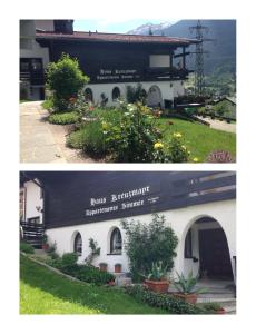 zwei Bilder eines Gebäudes mit Blumen davor in der Unterkunft Frühstückspension Haus Kreuzmayr in Gaschurn