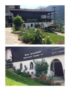 two pictures of a building with flowers in front of it at Frühstückspension Haus Kreuzmayr in Gaschurn