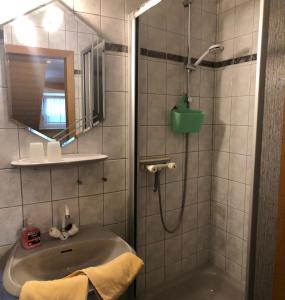 een badkamer met een wastafel en een douche met een spiegel bij Gästehaus Manfred Christoffel in Kröv