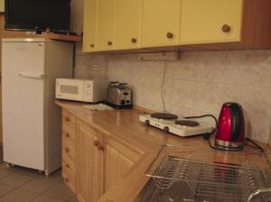 a kitchen with a white refrigerator and a counter top at Chata Jamy in Vysoke Tatry - Tatranska Lomnica.