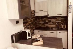 a kitchen with white cabinets and a microwave at Appartamento G&G in Pontechianale