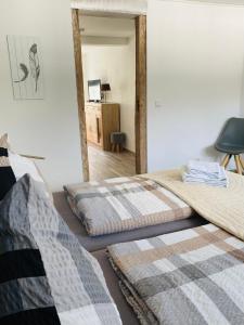 two beds in a room with a mirror at Ferienwohnungen Naturzeit in Willingen