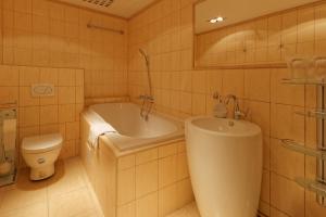 La salle de bains est pourvue d'une baignoire, de toilettes et d'un lavabo. dans l'établissement Enjoy Inn, à Plzeň