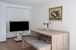 ein Wohnzimmer mit einem TV und einer Vase aus Blumen in der Unterkunft Ferienwohnung Insel Reichenau in Rheinstraße