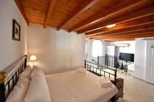 a bedroom with a bed and a television in a room at Arco I/ Downtown Rustic Apartment/4 min from port in Hydra