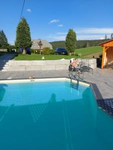 a person sitting in a chair next to a swimming pool at Pension Altvogtshof in Eisenbach