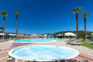 a large swimming pool with palm trees and chairs at Hotel Corte Rosada in Porto Conte