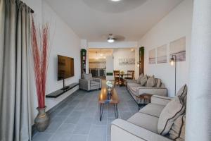 a living room with couches and a tv and a table at Lazaros Centre Apartment in Larnaka