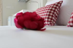 a red flower sitting on a bed with two pillows at Anastasia Mare Luxury in Stavros
