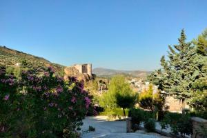 a garden with a castle in the background at Alojamiento Rural La Viña del Cerezo in Huelma