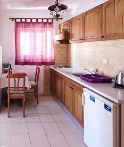 uma cozinha com um lavatório e uma mesa com uma mesa em Apartments San Antonio em Korčula
