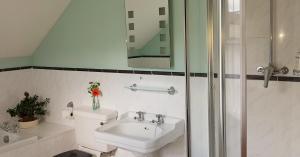 bagno bianco con lavandino e doccia di Lobhill Farmhouse Bed and Breakfast and Self Catering Accommodation a Okehampton