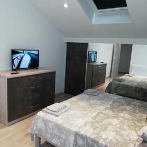 une chambre avec deux lits et une télévision sur une commode dans l'établissement Apartmentt Vinko Bilota, à Seget Vranjica