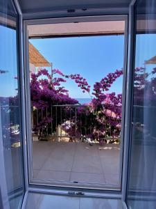 a window with a view of a balcony with purple flowers at Casa Fortuna in Sveta Nedelja
