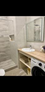 a bathroom with a sink and a washing machine at АПАРТАМЕНТЫ ВОЗЛЕ МОРЯ (КРАСИВЫЙ ЗАКАТ). in Odesa