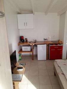 eine kleine Küche mit einem Tisch und einem Kühlschrank in der Unterkunft Le studio de Jeannine in Capesterre-Belle-Eau