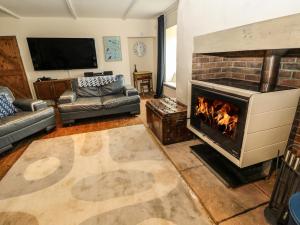 a living room with a fireplace and a couch at Asta Cottage in Morpeth