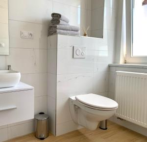 a white bathroom with a toilet and a sink at Pension u Šťastných in Mariánské Lázně