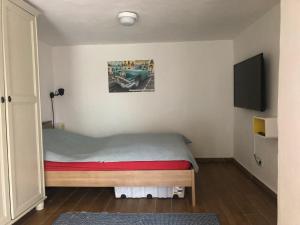 a small bedroom with a bed and a flat screen tv at Wohnen im Weinberg in Rheinbreitbach