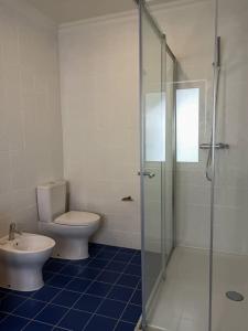 La salle de bains est pourvue de toilettes et d'une douche en verre. dans l'établissement Apartamentos Ázera - Laura Ázera, à Praia da Vitória