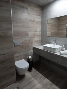 uma casa de banho com um lavatório, um WC e um espelho. em Guest House Pauline em Cidade de Kos