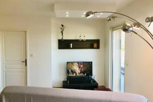 PoggiにあるBel appartement dans villa à la campagne proche d’Ajaccioのリビングルーム(テレビ、ベッド付)