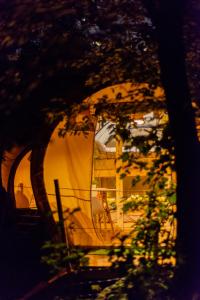 a view of a building at night with a tree at Dragonfly Gardens Urban Glamping Brasov in Braşov