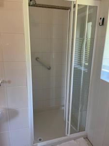 a shower with a glass door in a bathroom at O'Domhnaill's Guesthouse - Lig do Scíth in Galway