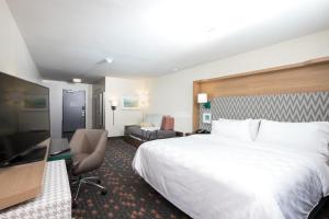 マウント・プレザントにあるHoliday Inn Hotel & Suites - Mount Pleasant, an IHG Hotelのベッドとデスクが備わるホテルルームです。