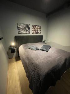 a bedroom with a bed with two pillows on it at Arctic Loft Apartments in Akureyri