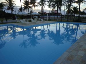 a swimming pool with chairs and palm trees in the background at Hotel Abrolhos in Nova Viçosa