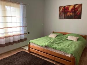 1 dormitorio con 1 cama con manta verde en Salvus Panzió en Bükkszék