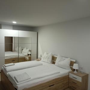 a bedroom with a large bed with a large mirror at APARTMAJI KISILAK in Rogašovci +48 photos