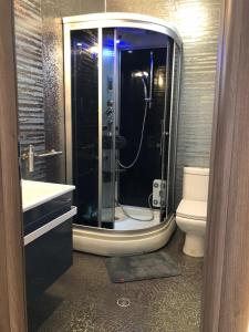 a bathroom with a shower and a toilet at Silvester Residence in Năvodari +25 photos