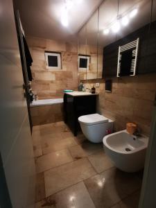 ティミショアラにあるLuxury apartment. 10 minutes taxi ride to centerのトイレ、洗面台、浴槽を備えたバスルーム