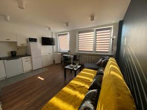 salon z kanapą i kuchnią w obiekcie Apartamenty Czapla w mieście Mikołajki