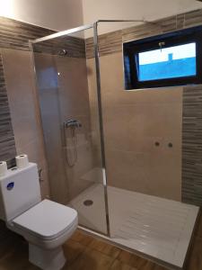 レーヴフュロップにあるFenyő Windsurf vendégházのバスルーム(シャワー、トイレ付)、窓が備わります。 +3枚の写真