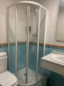 a bathroom with a shower and a toilet and a sink at Apartamento Pirineos, Urb Las Margas Golf in Sabiñánigo