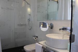 a bathroom with a sink and a shower and a toilet at Hotel Boutique Caireles in C&oacute;rdoba
