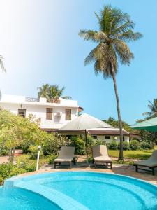 a swimming pool with two chairs and a palm tree at Flame Tree Cottages in Nungwi