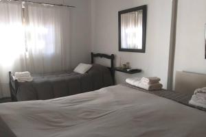 a bedroom with two beds and a mirror at Lo de Pascuala -con cochera- in San Juan