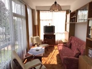 een woonkamer met een bank en een tv bij Apartment Balatonlelle, Lake Balaton 1 in Balatonlelle