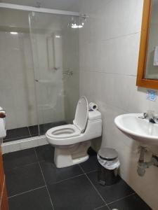 a bathroom with a toilet and a sink at Embassy On Holidays in Bogotá