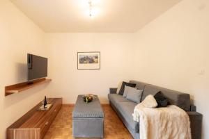 ein Wohnzimmer mit einem Sofa und einem TV in der Unterkunft Ferienwohnung am Kalterer See in Südtirol in Kaltern