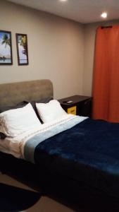 ein Schlafzimmer mit einem Bett mit einer blauen Decke und weißen Kissen in der Unterkunft N1 1 Apartamento Completo 2 Dormitorios en Centro de Artigas in Artigas