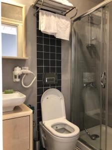 a small bathroom with a toilet and a shower at White Island Boutique Otel in Adalar