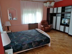 a bedroom with a bed and a chair and a mirror at Pálinkás jó reggelt! in Hévíz