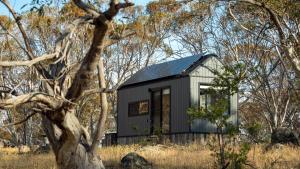 a black tiny house in the woods at Big Yard Escapes - Two Off-Grid Tiny Houses on the Mowamba River in Jindabyne