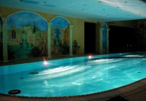 a large swimming pool with a painting on the wall at Zibi SPA in Malbork